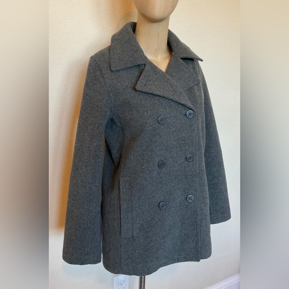 American Eagle Wool Blend Pea Coat Grey Double Breasted Pockets Collared VGUC M - Picture 3 of 14